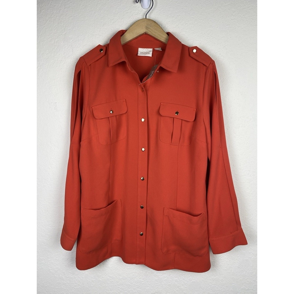 Chicos Size 2 L Utility Jacket Orange Gold Button Cargo Pocket Military Shirt